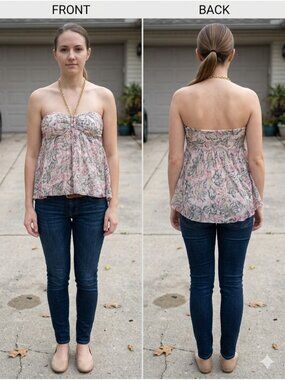 Express Design Studio Silk Metallic Pink Floral Gold Chain Halter Top Size 8